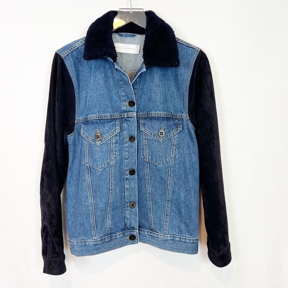 Victoria Beckham Sherpa Color jean jacket suede leather black sleeves 8 - Picture 1 of 12